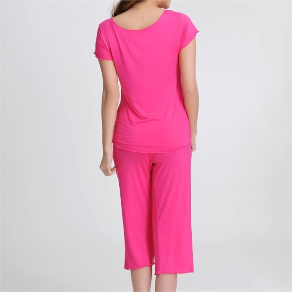 rose red short sleeve and capri pajama set on women