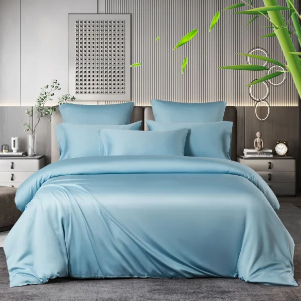 Bed with baby blue quilt cover bedding