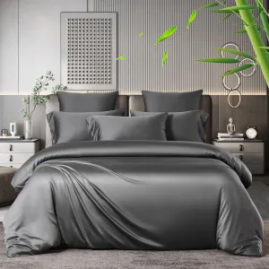 Bed with dark gray quilt cover bedding