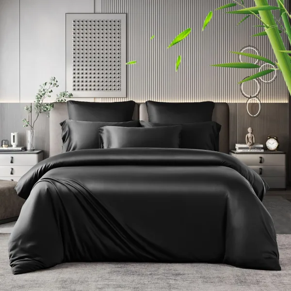 Bed with black quilt cover bedding