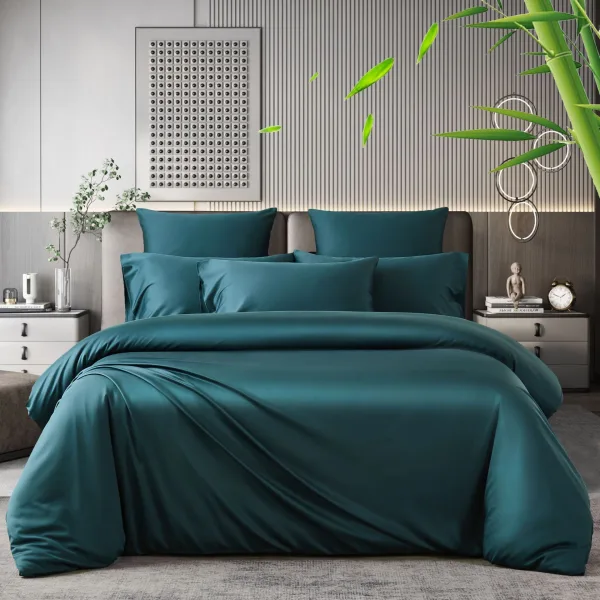 Bed with turquoise quilt cover bedding