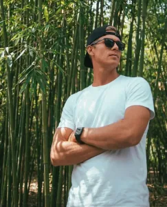 a man in white bamboo T-shirt