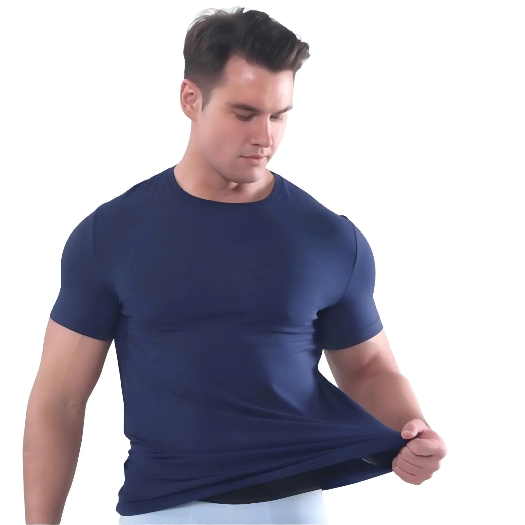 a man in navy T-shirt